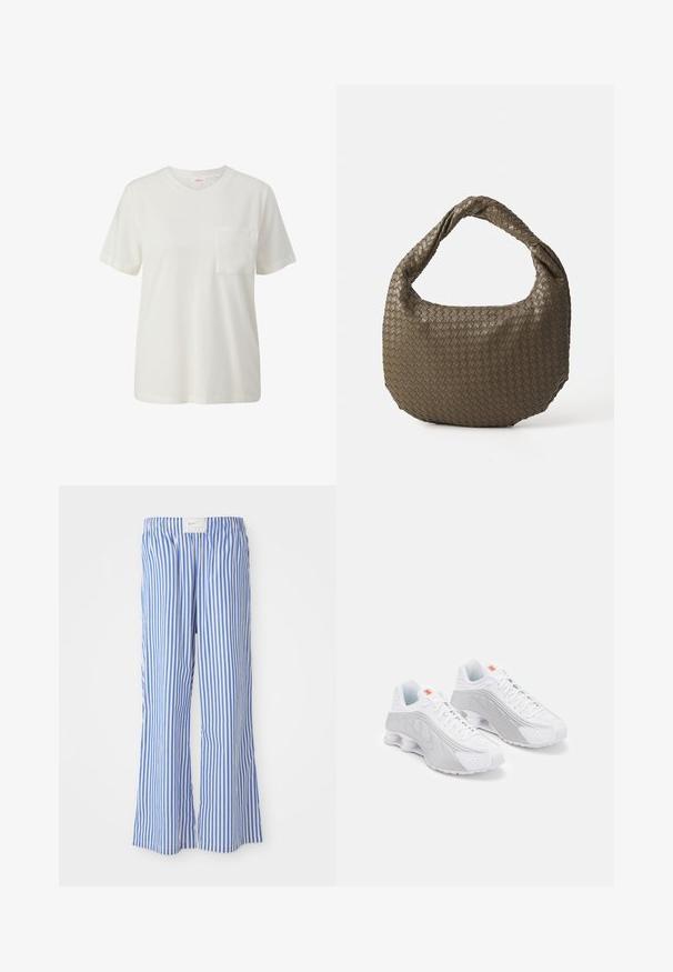 Black leather jacket with a high collar, fitted design, horizontal seams, and two zippered side pockets. Smooth texture and streamlined silhouette.; White cotton t-shirt featuring a round neckline, short sleeves, and a single chest pocket, with a smooth texture and simple design.; Blue and white striped trousers with a relaxed fit, made of lightweight fabric, featuring an elastic waistband and a subtle logo tag.; White running shoes with grey accents, featuring a textured upper, perforations for ventilation, and segmented heel for cushioning.; Woven olive green handbag with a rounded shape and a twisted handle. Textured surface features a diagonal pattern. Zipper closure.