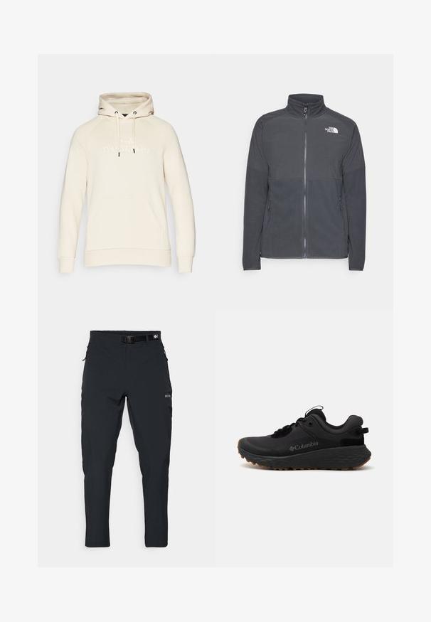 Mørkegrå fleecejakke med høy krage, full glidelås foran, strukturert øvre yoke, sidelommer og hvit logo på brystet.; Beige genser med hette og snøring, kengurulomme og preget "Peak Performance"-logo på forsiden. Myk tekstur.; Columbia ESSENTIAL HIKE™ PANT - Friluftsbukser - black; Svart Columbia treningssko med teksturert overflate, polstret krage og gummisåle med et distinkt mønster for grep.
