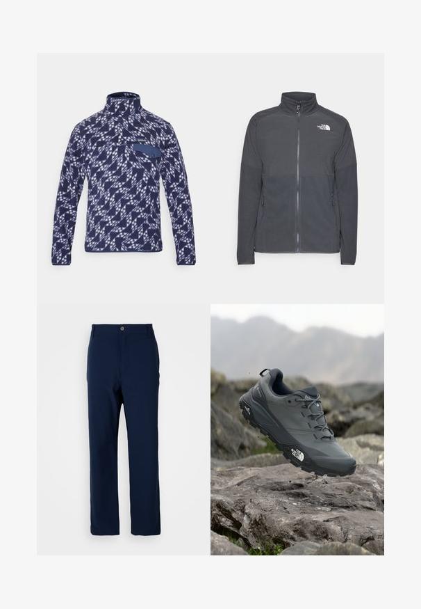 Casaco de fleece cinza escuro com colarinho alto, fecho completo à frente, yoke superior texturizado, bolsos laterais e um logótipo branco no peito.; Patagonia SNAP-T - Camisola de lã polar - new navy; Calças de perna reta azul marinho com fecho de botão e zipper, passantes para cinto e sem bolsos visíveis, em fundo branco.; Sapatilha de corrida em trilhos cinza com um cabedal texturizado, sola de borracha durável e ponteira reforçada. Apresenta atacadores e o logótipo da marca de lado.