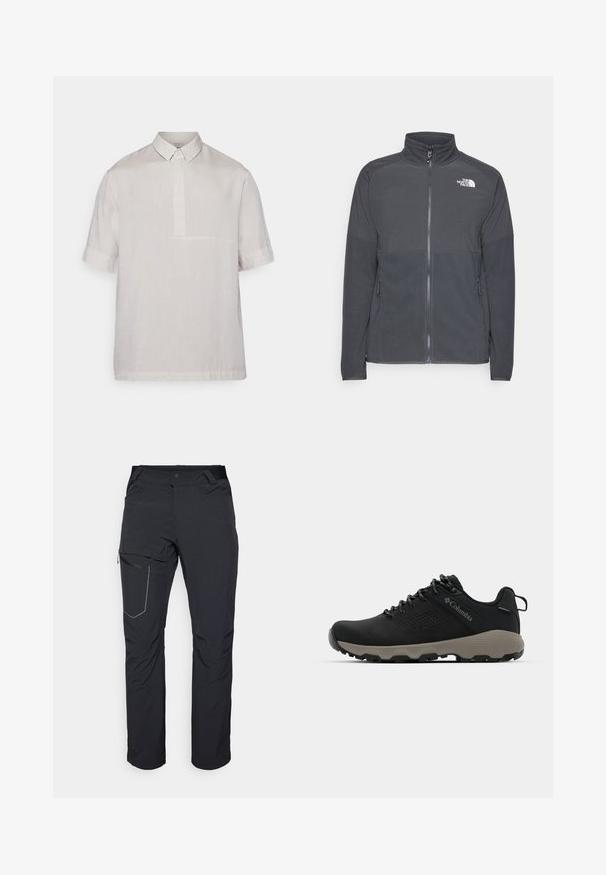 Mørkegrå fleecejakke med høy krage, full glidelås foran, strukturert øvre yoke, sidelommer og hvit logo på brystet.; Korte ermers skjorte med krage i lys beige lin. Har en halv knappestolpe og subtil tekstur. Renslig, minimalistisk design.; Svart utendørsbukser med en glidelåslomme på låret, elastisk midje og glatt, vannavstøtende stoff. Renslig design uten synlige logoer.; Svart tursko med glatt overdel, perforert design, grå såle og forsterket hæl. Har snøringer og en pull-tab for enkel påkledning.