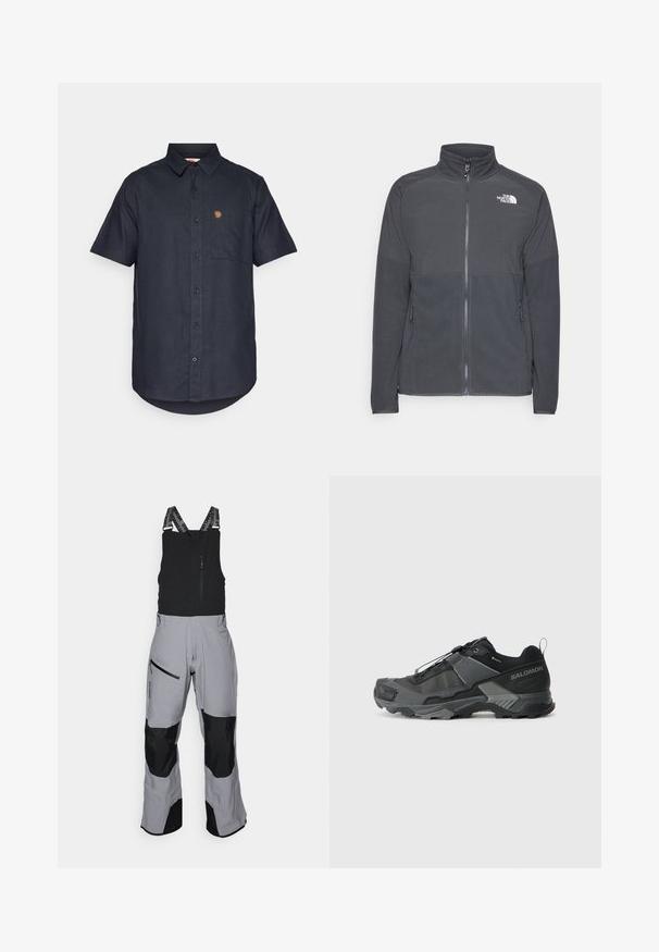 Casaco de fleece cinza escuro com colarinho alto, fecho completo à frente, yoke superior texturizado, bolsos laterais e um logótipo branco no peito.; Camisa de botão de manga curta em tecido azul marinho, com um bolso no peito e um pequeno patch de logo no canto superior esquerdo.; Macacão de ski em tecido cinza e preto. Apresenta alças ajustáveis, bolso com zíper e seções reforçadas para durabilidade.; Sapato de trail running preto com parte superior de malha durável, biqueira reforçada, sola de borracha texturizada e sistema de amarração elástico para um ajuste seguro.