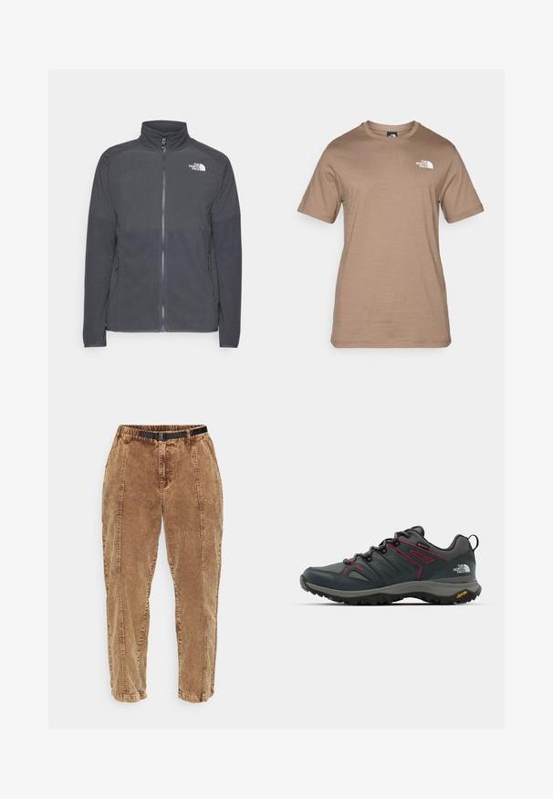 Tamsiai pilkas fliso švarkas su aukštu apykakle, pilnu priekinio užtrauktuko uždarymu, tekstūruota viršutine dalimi, šoniniais kišenėmis ir baltu logotipu ant krūtinės.; Šviesiai rudas medvilninis marškinėliai trumpomis rankovėmis su mažuoju baltu logotipu ant krūtinės. Klasikinis apvalus kaklo išpjova, lygi tekstūra ir standartinė prigludimo forma.; Rudos korduroyo kelnės su tekstūruota paviršiumi, turinčios juodą reguliuojamą diržą, šonines kišenes ir laisvą siluetą. Kelnės siaurėja link kulkšnių.; Pilkos žygio bateliai su raudonais akcentais, tinklelio ir sintetinė viršutinė dalis, raištelių sistema, ir Vibram padas, užtikrinantis sukibimą. Įrengti Gore-Tex technologija vandens atsparumui.