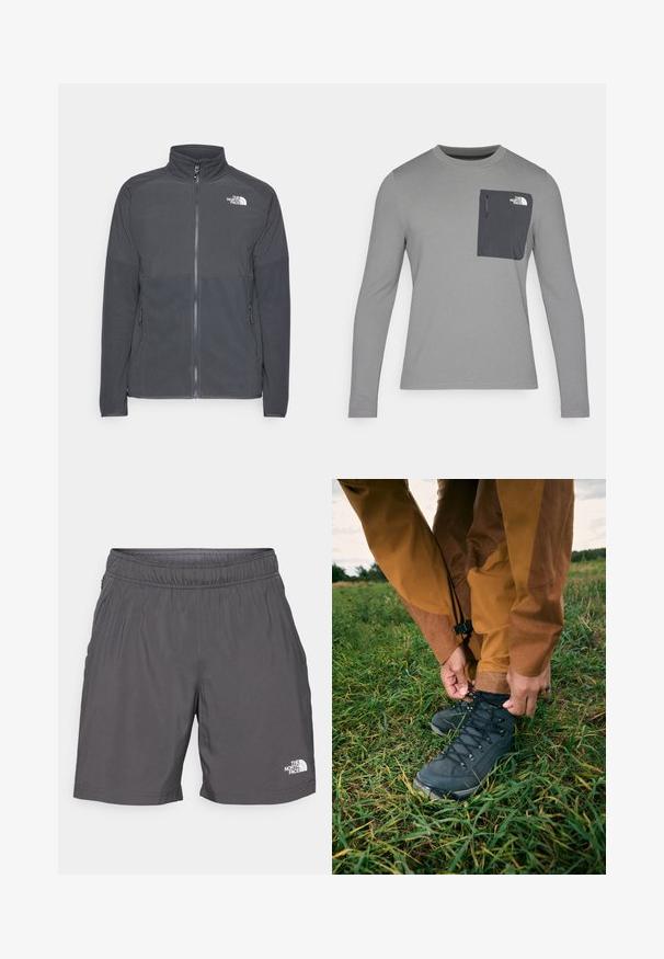 Tumehall villane jakk, millel on kõrge krae, täispikk lukk, tekstureeritud ülemine õmblus, küljetaskud ja valge logo rinnal.; Pikacitega hall pikka varrukaga särk, millel on tekstuuriga kangas, tumeda halli rinnataskuga ja tõmblukuga. Taskul valge logo.; Hallid, kerged hallid lühikesed püksid, millel on elastne vöökoht, küljetaskud ja väike valge logo alumises vasakus sääres. Sile tekstuur ja lõdvestunud disain.; Mustad mustad matkajalatsid tekstureeritud pealispinnaga ja nööridega, millel on selga tõmmatud pruunid veekindlad püksid, asuvad rohelises rohuses pilviste taeva all.