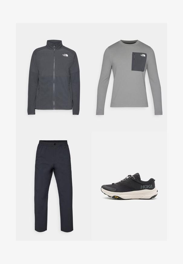 Tumehall villane jakk, millel on kõrge krae, täispikk lukk, tekstureeritud ülemine õmblus, küljetaskud ja valge logo rinnal.; Pikacitega hall pikka varrukaga särk, millel on tekstuuriga kangas, tumeda halli rinnataskuga ja tõmblukuga. Taskul valge logo.; Tumed hallid püksid, mis on valmistatud siledast kangast. Omavad venitatavat vööd, ees nuppude sulgemisega ja kergelt kitsenevaid jalgu.; Mustmustun mustus kingad tekstuurse ülusega, hallide aktsentidega, peegeldavate detailidega ning paksu valge tallaga, millel on Vibram'i bränding.