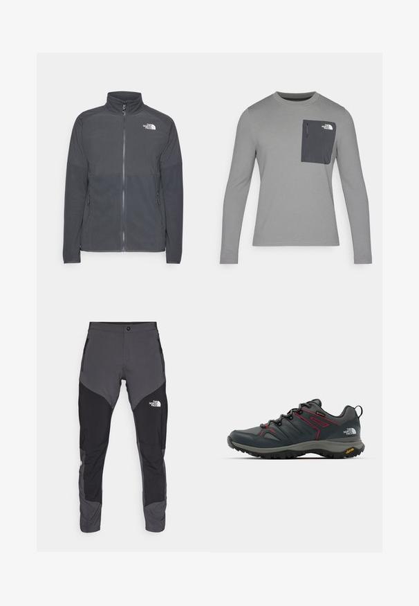 Tumši pelēks flīsa žakets ar augstu apkakli, pilnīgu priekšējo rāvējslēdzēju, teksturētu augšējo daļu, sānu kabatām un baltu logo uz krūšu.; Garais krekls ar garām piedurknēm un teksturētu audumu, ar tumši pelēku krūšu kabatu un rāvējslēdzēju. Uz kabatas ir balts logo.; Melnas un pelēkas āra bikses ar pieguļošu dizainu, kas piedāvā kabatas ar rāvējslēdzējiem un logotipu priekšā. Izgatavotas no viegla, izturīga materiāla.; Pelēki pārgājienu apavi ar sarkaniem akcentiem, ar tīklu un sintētisku augšdaļu, šņorēšanas sistēmu un Vibram zoli, kas nodrošina saķeri. Iekļauta Gore-Tex tehnoloģija ūdensizturībai.