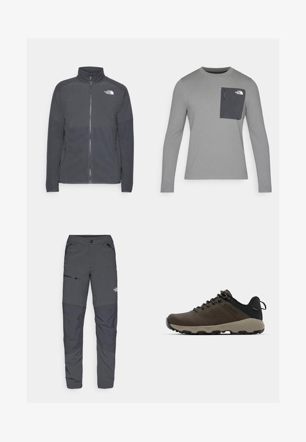 Tmavě šedá fleecová bunda s vysokým límcem, plným předním zipem, texturovaným horním dílem, bočními kapsami a bílým logem na prsou.; Šedá košile s dlouhým rukávem z texturované tkaniny, s tmavě šedou náprsní kapsou a zipovým uzávěrem. Logo na kapse v bílé barvě.; Šedé venkovní kalhoty s hladkým povrchem, které mají boční kapsu na zip, vyztužené části na kolenou a decentní detail loga.; Hnědé nepromokavé sneakers s texturovaným svrškem, perforovanými detaily, černým oporou paty a šedou gumovou podrážkou. Šňůrky mají kovové konce.