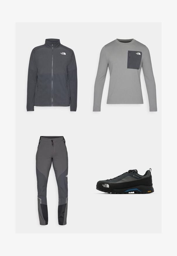 Tummanharmaan fleecetakin, jossa on korkea kaulus, täyspitkä vetskari, teksturoitu etuosa, sivutaskut ja valkoinen logo rinnassa.; Harmaa pitkähihaisuus paita, jossa on teksturoitu kangas, tummanharmaalla rintataskulla ja vetoketjukiinnityksellä. Taskussa valkoinen logo.; Harmaat vaellushousut, joissa on kapea malli, useita taskuja ja tummanharmaita sekä mustia yksityiskohtia. Valmistettu joustavasta ja kestävästä materiaalista.; The North Face VERTO ALPINE GORE TEX - Vaelluskengät - asphalt grey/tnf black