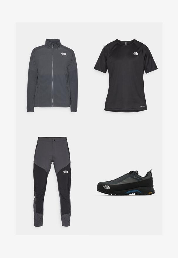 Tamno siva flis jakna s visokim ovratnikom, punim prednjim patentnim zatvaračem, teksturiranim gornjim dijelom, bočnim džepovima i bijelim logotipom na prsima.; Crna kratkotrajna atletska majica s teksturiranom tkaninom, koja ima bijeli logo na lijevom prsnom dijelu i ravni rub.; Crne i sive vanjske hlače s pripijenim dizajnom, s džepovima na zip i logotipom sprijeda. Izrađene su od laganog, izdržljivog materijala.; The North Face VERTO ALPINE GORE TEX - Obuća za pješačenje - asphalt grey/tnf black