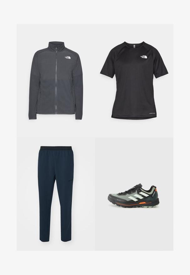 Dark gray fleece jacket with a high collar, full front zipper, textured upper yoke, side pockets, and a white logo on the chest.; Black short-sleeve athletic shirt with a textured fabric, featuring a white logo on the left chest and a straight hem.; Adidas Terrex MT  - Tracksuit bottoms - aurora ink; Lightweight trail running shoe with a gray and black mesh upper, orange accents, and a rugged outsole for traction. Waterproof Gore-Tex lining.