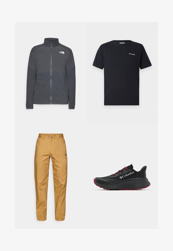 Chaqueta de forro polar gris oscuro con un cuello alto, cremallera frontal completa, yugo superior texturizado, bolsillos laterales y un logo blanco en el pecho.; Camiseta negra de manga corta hecha de algodón, con un pequeño logo blanco de Columbia en la zona izquierda del pecho. Cuello redondo clásico y corte relajado.; Pantalones de trabajo para hombre en color beige, con bolsillos frontales, trabillas para el cinturón, cierre de botón y un pequeño logo circular en el muslo derecho.; Zapatilla deportiva negra con parte superior texturizada, cordones rojos y logotipo. Suela gruesa con patrón de relieve para tracción. Diseño minimalista, vista lateral.