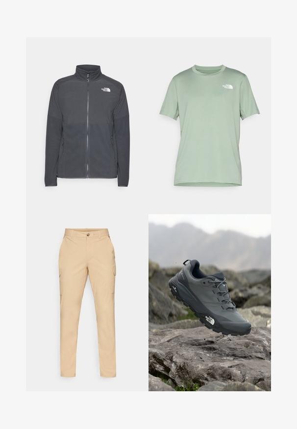 Mørkegrå fleecejakke med høy krage, full glidelås foran, strukturert øvre yoke, sidelommer og hvit logo på brystet.; Lys grønn kortermet t-skjorte laget av myk stoff; har en hvit logo på øvre venstre side; rund påfallende hals.; Beige cargo bukser med knappestolpe, slim fit, sidelommer og et glatt bomullsblandingsstoff. Ingen synlige mønstre eller aksenter.; Grå terrengløpesko med en teksturert overdel, slitesterk gummisåle og forsterket tåhette. Inkluderer snørebånd og merkevarelogo på siden.