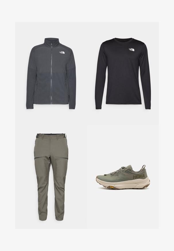 Tumehall villane jakk, millel on kõrge krae, täispikk lukk, tekstureeritud ülemine õmblus, küljetaskud ja valge logo rinnal.; Pikkade varrukatega must spordit-särk, mis on valmistatud kerge kangaga, esiküljel vasakul rinnal on valge logo. Sile tekstuur.; Houdini MORE PANTS - Õuepüksid - baremark green; Roheline Hoka jooksuvariant Gore-Tex ülaserva, tekstuursete aksentidega, elastsete paeltega ning paksu beezise välispinnaga, millel on Vibrami logo.