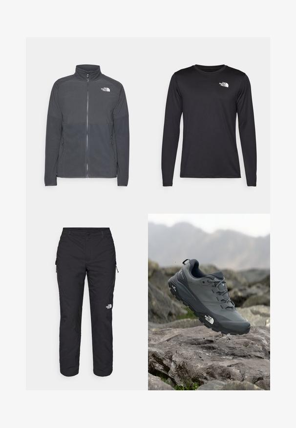 Mørkegrå fleecejakke med høy krage, full glidelås foran, strukturert øvre yoke, sidelommer og hvit logo på brystet.; Langermet svart prestasjonstrøye laget av lett stoff, med en hvit logo på øvre venstre bryst. Glatt tekstur.; The North Face WINTER EXPLORATION TAPERED CARGO - Friluftsbukser - black; Grå terrengløpesko med en teksturert overdel, slitesterk gummisåle og forsterket tåhette. Inkluderer snørebånd og merkevarelogo på siden.