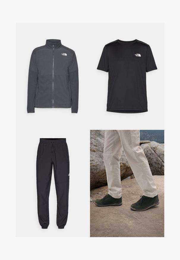 Tmavohnedá fleecová bunda s vysokým golierom, plným predným zipsom, textúrovanou hornou časťou, bočnými vreckami a bielym logom na hrudi.; Čierne tričko s krátkym rukávom vyrobené z ľahkej tkaniny. Obsahuje malé biele logo na ľavej hrudi a jemné akcenty na pleciach.; Čierne športové nohavice vyrobené z ľahkej tkaniny, s elastickým pásom na šnurovanie, bočnými vreckami a zúženými manžetami na členkoch.; Lowa BELLAGIO GTX LO - Turistické topánky - oliv