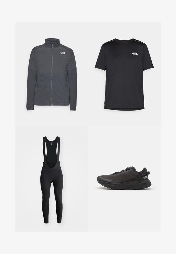 Casaco de fleece cinza escuro com colarinho alto, fecho completo à frente, yoke superior texturizado, bolsos laterais e um logótipo branco no peito.; T-shirt preto de manga curta feito de um tecido leve. Apresenta um pequeno logo branco ao lado esquerdo do peito e detalhes subtis nos ombros.; Calças de ciclismo pretas com alças, tecido elástico e área de assento almofadada. Textura suave com costuras planas para maior conforto.; Sapatilha atlética preta com parte superior em malha, colarinho almofadado e sola de borracha. Apresenta um design texturizado e uma marcação no calcanhar. Construção leve.