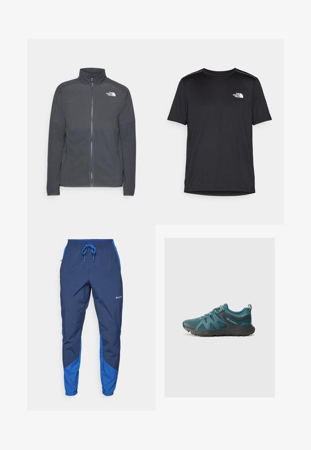 Tumehall villane jakk, millel on kõrge krae, täispikk lukk, tekstureeritud ülemine õmblus, küljetaskud ja valge logo rinnal.; Must mustaöödiga must T-särk, mis on valmistatud kerge riidekanga. Esiküljel on vasakul rinnal väike valge logo ning õlgadel on peened aktsendid.; Columbia COLUMBIA TECH™ PANT - Õuepüksid - collegiate navy; Columbia PEAKFREAK ROAM - Matkajalatsid - everblue/dark grey