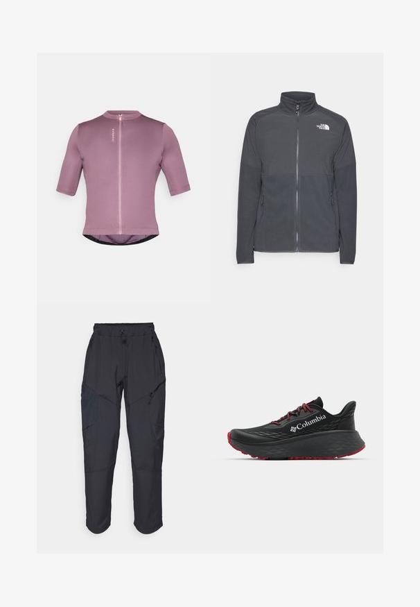 Sötétszürke polár dzseki magas gallérral, teljes elülső cipzárral, texturált felső vállrésszel, oldalsó zsebekkel és fehér logóval a mellrészen.; Rövid ujjú kerékpáros mez, tompa mályva színben, elülső cipzárral és diszkrét logóval. Simaság jellemzi, testhezálló szabás és fekete szegélydísz.; Fekete cargo nadrág, könnyű, vízálló anyagból; rugalmas derékrésszel, több cipzáras zsebbel és szűkített lábszárral rendelkezik.; Fekete sportcipő texturált felsőrésszel, piros fűzőkkel és logóval. Vastag talp, mintás járófelülettel a tapadásért. Minimalista dizájn, oldalnézet.