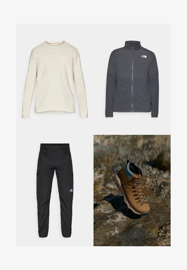 Jachetă din fleece de culoare gri închis cu guler înalt, fermoar pe toată lungimea frontală, partea superioară texturată, buzunare laterale și un logo alb pe piept.; Cămașă cu mânecă lungă și guler rotund din bumbac bej deschis. Prezintă un buzunar discret pe pieptul stâng și o margine curbată pentru o potrivire lejeră.; The North Face HORIZON PANT - Pantaloni outdoor - black; Bocanc de drumeție maro cu partea superioară sintetică, guler bleu deschis, ochiuri metalice și talpă din cauciuc texturat. Conceput pentru activități în aer liber.