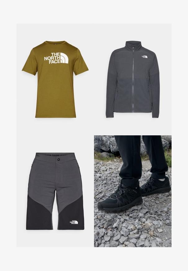 Temno siva flis jakna z visokim ovratnikom, celotnim sprednjim zadrgom, teksturiranim zgornjim delom, stranskimi žepi in belim logotipom na prsih.; Olivno zeleno bombažno majico z belim tiskom logotipa "THE NORTH FACE" in ukrivljenimi oblikami na sprednji strani. Okrogli izrez, kratki rokavi.; Sive in črne kratke hlače s panelnim dizajnom, sprednjim gumbom in logotipom The North Face. Narejene so iz lahkotnega in trpežnega materiala.; Črne zunanje čevlje iz mrežastega in sintetičnega materiala, s teksturiranim zgornjim delom, zavarovanim sistemom vezalk in trdim podplatom, na skalnatem terenu.