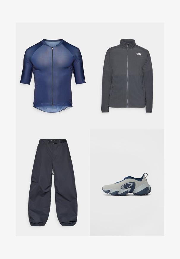 Dark gray fleece jacket with a high collar, full front zipper, textured upper yoke, side pockets, and a white logo on the chest.; Navy short-sleeve cycling jersey with a zip front, made of lightweight fabric. Features raglan sleeves and a curved hem at the back.; Dark gray cargo pants made of a soft, durable material. They feature a wide, loose fit, multiple pockets, and a waist belt for adjustment.; Shoe with a gray upper and navy accents, features a curved design, smooth texture, and a chunky sole with treaded blue rubber.