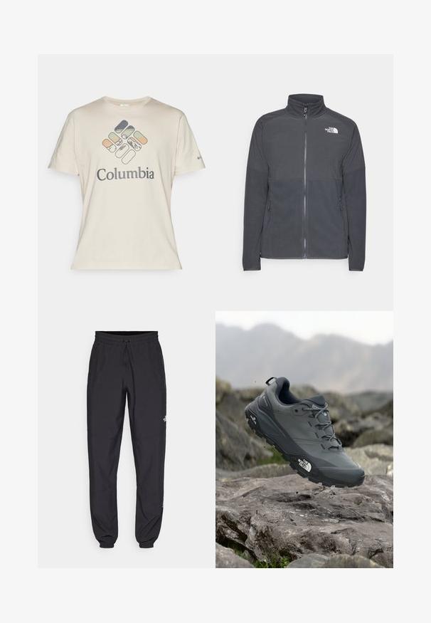 Mörkgrå fleecejacka med hög krage, fullständig dragkedja fram, texturerad övre del, sidofickor och en vit logotyp på bröstet.; Krämfärgad bomulls-t-shirt med korta ärmar, prydd med en flerfärgad geometrisk logotyp och texten "Columbia" på framsidan.; Svarta träningsbyxor tillverkade av lättviktsmaterial, med dragsko i midjan, sidofickor och avsmalnande muddar vid anklarna.; Grå trail löparskor med en texturerad ovandel, hållbar gummisula och förstärkt tåparti. Har snören och logotyp på sidan.