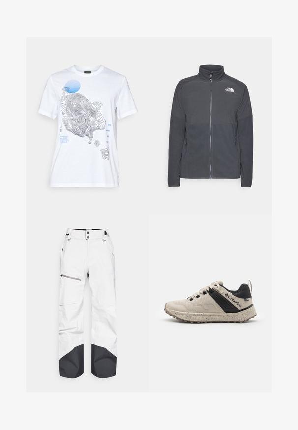 Casaco de fleece cinza escuro com colarinho alto, fecho completo à frente, yoke superior texturizado, bolsos laterais e um logótipo branco no peito.; T-shirt de algodão branca com um design de mapa topográfico em preto e azul, com elementos de texto e um destaque redondo azul. Mangas curtas.; Calças de neve brancas com detalhes pretos na bainha, apresentando um bolso na coxa com fecho de correr e fecho de botão. Feitas de material resistente às intempéries.; Tênis Columbia em bege e preto, com um cabedal de malha texturizada, entressola salpicada e sola de borracha durável para tração.