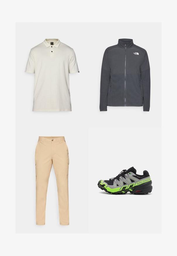 Tummanharmaan fleecetakin, jossa on korkea kaulus, täyspitkä vetskari, teksturoitu etuosa, sivutaskut ja valkoinen logo rinnassa.; Vaaleanbeige lyhythihainen polo-paita puuvillasta, jossa on klassinen kaulus, kolmen napin nappitus ja pieni logo vasemmassa hihassa.; Beige cargo-housut, joissa on nappisulku, kapea istuvuus, sivutaskut ja sileä puuvillasekoitekangas. Ei näkyviä kuvioita tai koristeita.; Mustat ja harmaat polkujuoksukengät, joissa on kirkkaat vihreät yksityiskohdat. Kengissä on teksturoitu pohja, kehittynyt nauhakiinnitysjärjestelmä ja kestävä muotoilu.