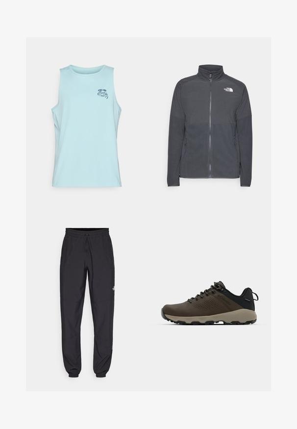 Giacca in pile grigio scuro con colletto alto, zip frontale a tutta lunghezza, yoke superiore testurizzato, tasche laterali e logo bianco sul petto.; Top atletico senza maniche di colore azzurro chiaro con un piccolo motivo stampato in blu scuro vicino alla spalla sinistra che reca la scritta "Karma" accompagnata da forme astratte.; Pantaloni sportivi neri realizzati in tessuto leggero, con vita regolabile con cordino, tasche laterali e orli affusolati alle caviglie.; Sneakers impermeabili marroni con tomaia testurizzata, dettagli perforati, supporto al tallone nero e suola in gomma grigia. I lacci sono decorati con estremità metalliche.