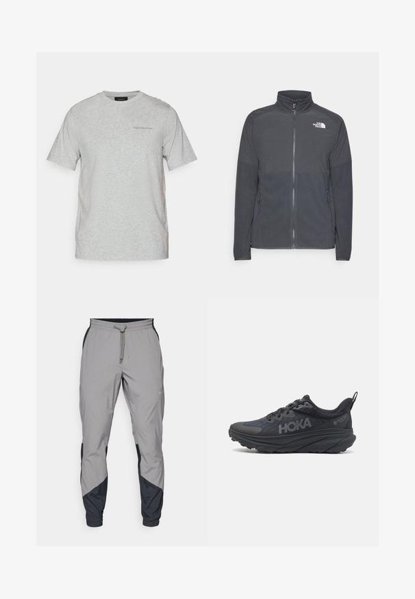 Tamsiai pilkas fliso švarkas su aukštu apykakle, pilnu priekinio užtrauktuko uždarymu, tekstūruota viršutine dalimi, šoniniais kišenėmis ir baltu logotipu ant krūtinės.; Šviesiai pilkas trumpomis rankovėmis apvalaus kaklo marškinėliai su subtiliu "Peak Performance" logotipu kairėje krūtinės pusėje.; Lengvas, pilkos sportinės kelnės su juodais akcentais. Elastingas juosmuo, raišteliu užsegimas, siaurėjantis kojų dizainas ir šoninės kišenės.; Juodas Hoka bėgimo batelis su tinklu viršuje, tekstūruotais akcentais ir storu, paminkštintu padu su siaurėjančiais kraštais, užtikrinančiais geresnę atramą.
