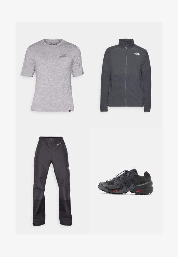 Jachetă din fleece de culoare gri închis cu guler înalt, fermoar pe toată lungimea frontală, partea superioară texturată, buzunare laterale și un logo alb pe piept.; Tricou gri cu mânecă scurtă, fabricat dintr-un material moale și ușor. Are un mic logo multicolor pe piept, în partea stângă sus.; Pantaloni negri impermeabili cu o textură netedă, având un logo GORE-TEX pe față și picioare inferioare întărite pentru durabilitate.; Pantofii de alergare negri, cu un superior sintetic, design texturat și accente roșii contrastante. Dispun de un sistem de șireturi securizat și o talpă robustă.