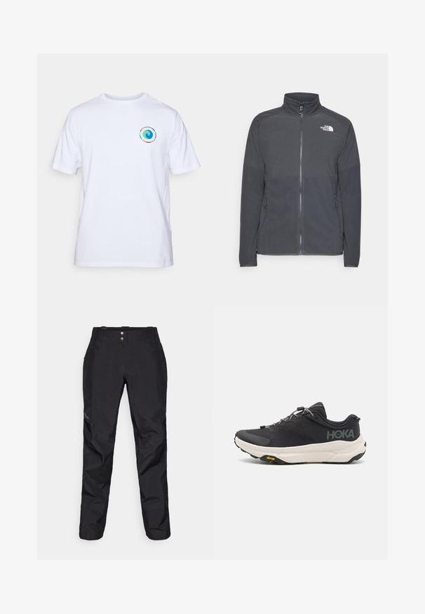 Dark gray fleece jacket with a high collar, full front zipper, textured upper yoke, side pockets, and a white logo on the chest.; White short-sleeve T-shirt made of cotton. Features a colorful spiral design on the left chest. Classic crewneck with straight hem.; Black waterproof pants with a smooth texture, featuring two front buttons and a tapered leg design. Accented with a logo on the side.; Black athletic shoe with a textured upper, grey accents, reflective details, and a thick white sole featuring Vibram branding.