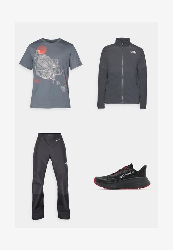 Tmavohnedá fleecová bunda s vysokým golierom, plným predným zipsom, textúrovanou hornou časťou, bočnými vreckami a bielym logom na hrudi.; Šedé bavlnené tričko s topografickým dizajnom v bielej farbe a červeným kruhom. Text je uvedený v červenej a bielej farbe pozdĺž ľavej strany.; Čierne nepremokavé nohavice s hladkým povrchom, so značkou GORE-TEX na prednej strane a zosilnenými dolnými nohavicami pre väčšiu odolnosť.; Čierna športová obuv s textúrovaným zvrškom, červenými šnúrkami a logom. Hrubá podrážka s vzorovaným dezénom pre trakciu. Minimalistický dizajn, bočný pohľad.