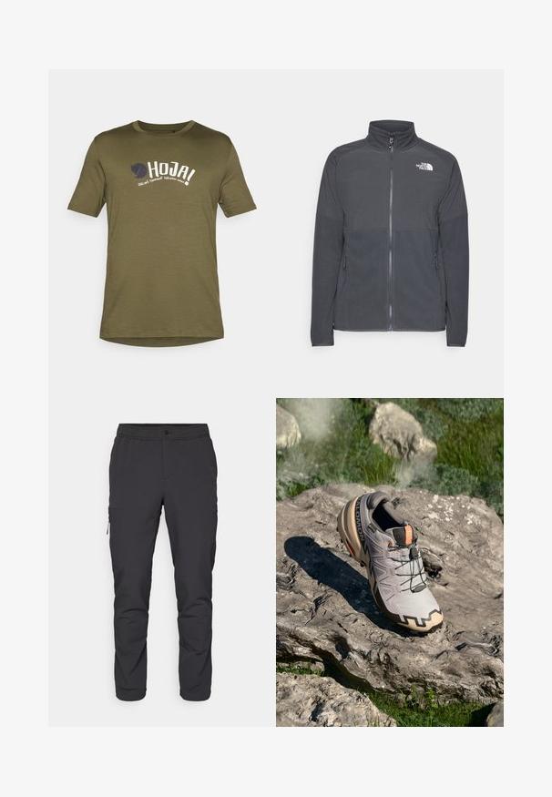 Mørkegrå fleecejakke med høj krave, fuld frontlynlås, struktureret øverste rygpanel, sidelommer og et hvidt logo på brystet.; Oliven grøn bomulds t-shirt, rund hals, korte ærmer, med hvid og marineblå trykte tekst og et logo på forsiden. Letvægtsstof.; Sorte, tapered bukser med elastisk talje, lynlåslomme på siden og glat, letvægtsstof. Ideel til aktivt tøj.; Lys grå trail løbesko med beige accenter, tekstureret overdel, sorte snørebånd og udtalt sålkonstruktion. Har brandets logo.