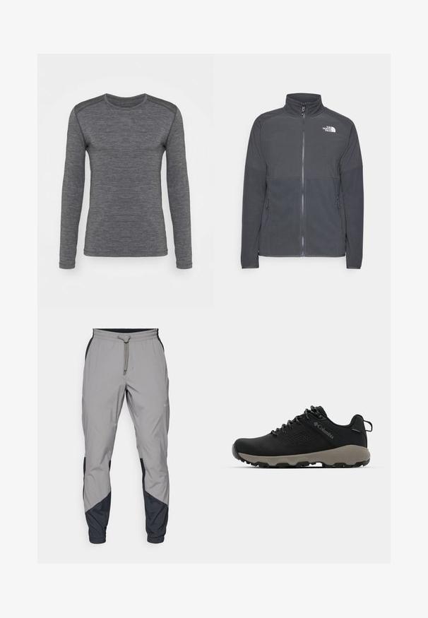 Tamsiai pilkas fliso švarkas su aukštu apykakle, pilnu priekinio užtrauktuko uždarymu, tekstūruota viršutine dalimi, šoniniais kišenėmis ir baltu logotipu ant krūtinės.; Pilkas ilgomis rankovėmis marškinėliai, pagaminti iš minkštos medžiagos, su apvalia iškirpte ir kontrastinga tekstūra ant pečių. Paprastas ir elegantiškas dizainas.; Lengvas, pilkos sportinės kelnės su juodais akcentais. Elastingas juosmuo, raišteliu užsegimas, siaurėjantis kojų dizainas ir šoninės kišenės.; Juodas žygio batukas su lygiu viršumi, perforuotu dizainu, pilku padu ir sustiprintu kulnu. Yra raišteliai ir kilputė, skirta patogiam užsivilkimui.