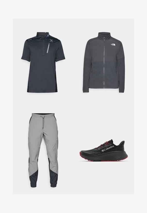 Tmavě šedá fleecová bunda s vysokým límcem, plným předním zipem, texturovaným horním dílem, bočními kapsami a bílým logem na prsou.; Černé polo tričko s krátkým rukávem, vzorovaným límcem, náprsní kapsou na zip a strukturovanými bočními částmi. Logo na přední levé straně.; Lehké šedé sportovní kalhoty s černými detaily. Elastický pas, stahovací šňůrka, tapered nohavice a boční kapsy.; Černá sportovní bota s texturovaným svrškem, červenými tkaničkami a logem. Silná podrážka s vzorovaným dezénem pro lepší trakci. Minimalistický design, boční pohled.