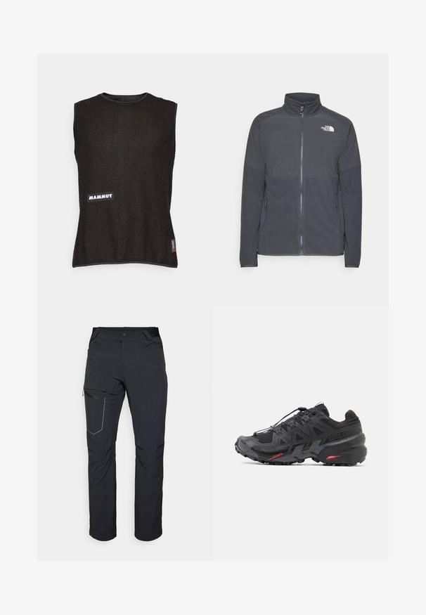 Jachetă din fleece de culoare gri închis cu guler înalt, fermoar pe toată lungimea frontală, partea superioară texturată, buzunare laterale și un logo alb pe piept.; Top negru fără mâneci, din material texturat, cu un logo alb "Mammut" și un tag mic roșu pe lateral, guler rotunjit.; Pantaloni negri de exterior cu buzunar pe coapsă cu fermoar, talie elastică și material neted, rezistent la apă. Design curat, fără logouri vizibile.; Pantofii de alergare negri, cu un superior sintetic, design texturat și accente roșii contrastante. Dispun de un sistem de șireturi securizat și o talpă robustă.