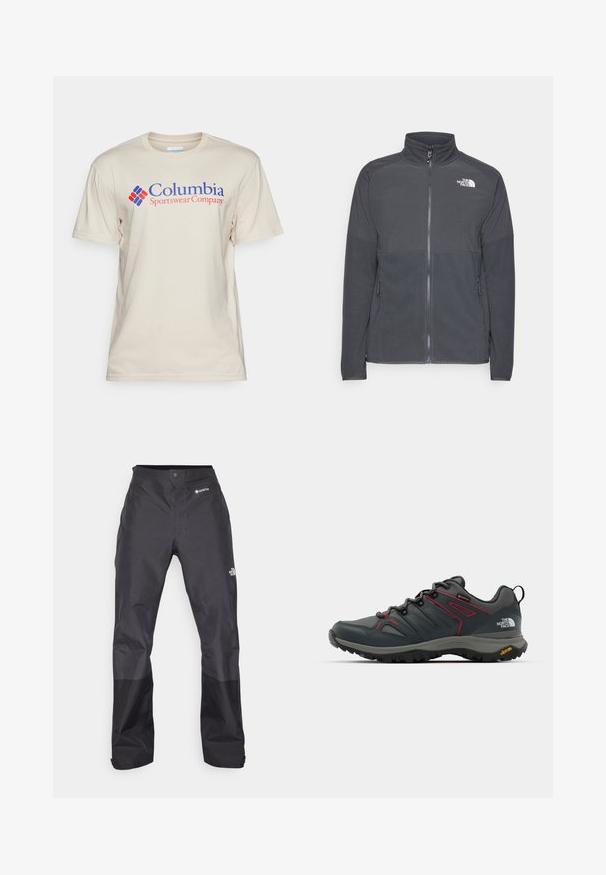 Dark gray fleece jacket with a high collar, full front zipper, textured upper yoke, side pockets, and a white logo on the chest.; Columbia BASIC LOGO™ SHORT SLEEVE - Print T-shirt - dark stone; Black waterproof pants with a smooth texture, featuring a GORE-TEX logo on the front, and reinforced lower legs for durability.; Gray hiking shoe with red accents, mesh and synthetic upper, lacing system, and Vibram outsole for traction. Features Gore-Tex for water resistance.
