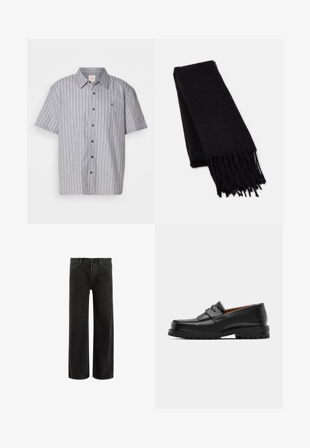 Harmaa herringbone-manteli, jossa on suuri läppä, kaksirivinen malli ja kaksi etutaskua. Valmistettu teksturoidusta, lämpimästä kankaasta.; Lyhythihainen, napillinen paita, joka on valmistettu kevyestä kankaasta ja jossa on sinivalkoiset pystysuorat raidat. Paidassa on klassinen kaulus ja etutasku.; Musta ribattoppi, jossa on pyöreä pääntie ja leveät hihansuut, valmistettu pehmeästä, joustavasta kankaasta. Merkki: Pull&Bear.; Mustat farkut leveällä lahkeella ja korkealla vyötäröllä, joissa on klassinen viisi taskua -design ja hienovarainen haalistuminen tekstuurin luomiseksi.; Mustat nahka loafit sisältävät kohoavan sauman, kaksi koristeellista nauhaa yläosassa ja paksun teksturoidun pohjan parempaa pitoa varten.; Mustapaita, joka on valmistettu pehmeästä, teksturoidusta kankaasta. Siinä on risat reunat ja suorakaiteen muotoinen, sopii kaulaan kieputettavaksi.