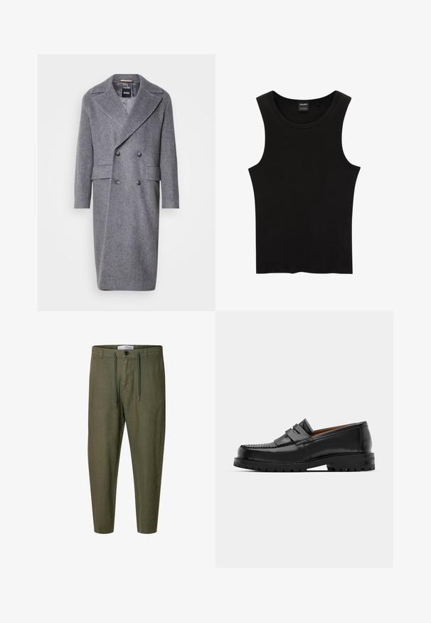 Harmaa herringbone-manteli, jossa on suuri läppä, kaksirivinen malli ja kaksi etutaskua. Valmistettu teksturoidusta, lämpimästä kankaasta.; Musta ribattoppi, jossa on pyöreä pääntie ja leveät hihansuut, valmistettu pehmeästä, joustavasta kankaasta. Merkki: Pull&Bear.; Oliiviväriset puuvillapöksyt, joissa on säädettävä nauhavyötärö, kapenevat lahkeet, etutaskut ja nappisulku.; Mustat nahka loafit sisältävät kohoavan sauman, kaksi koristeellista nauhaa yläosassa ja paksun teksturoidun pohjan parempaa pitoa varten.