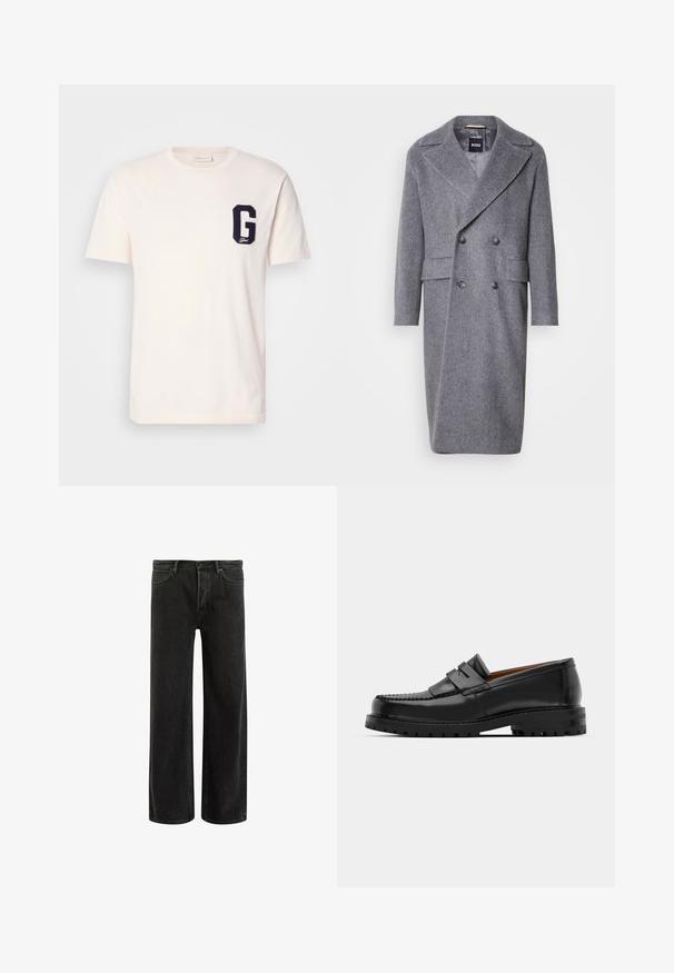 Szürke halszálkás átmeneti kabát széles hajtókájával, dupla gombolású kialakítással és két elülső zsebbel. Texturált, meleg anyagból készült.; Fehér, rövid ujjú, kerek nyakú póló, bal mellrészen egy sötétkék "G" betűs folttal.; Fekete farmerszövet, bő szárú nadrág magas derékkal, klasszikus ötpocket kivitelben, és finom kopással a texturált megjelenés érdekében.; Fekete bőr loaferek kiemelkedő varrással, két díszcsíkkal a felső részen és vastag, struktúrált talppal rendelkeznek a jobb tapadás érdekében.