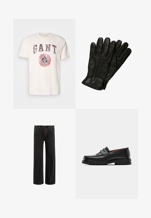 Grijze visgraat-overcoat met een grote revers, dubbele sluiting en twee voorzakken. Gemaakt van een gestructureerde, warme stof.; Crème katoenen t-shirt met korte mouwen. Voorzien van vetgedrukte rode en blauwe "GANT" tekst en een cirkelvormige logo-afbeelding met "opgericht in 1949."; Zwarte denims met wijde benen en een hoge taille, met een klassiek vijf zakken ontwerp en subtiele vervaging voor een textuur uitstraling.; Zwarte leren instappers hebben een verhoogde naad, twee decoratieve banden op de bovenkant en een dikke, gestructureerde zool voor extra grip.; Zwarte leren handschoenen met een gladde textuur, vijf vingers en subtiele stiksels. Klassiek ontwerp, geschikt voor gebruik in koud weer.
