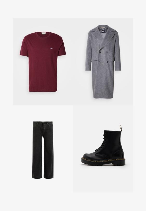 Gray herringbone overcoat with a large lapel, double-breasted design, and two front pockets. Made of textured, warm fabric.; Burgundy short-sleeve crew neck t-shirt with small white embroidered GANT logo on left chest.; Black denim wide-leg jeans with a high waist, featuring classic five-pocket design, and subtle fading for a textured appearance.; Black leather ankle boots with a lace-up front, yellow stitching, a rounded toe, and a thick, textured rubber sole.