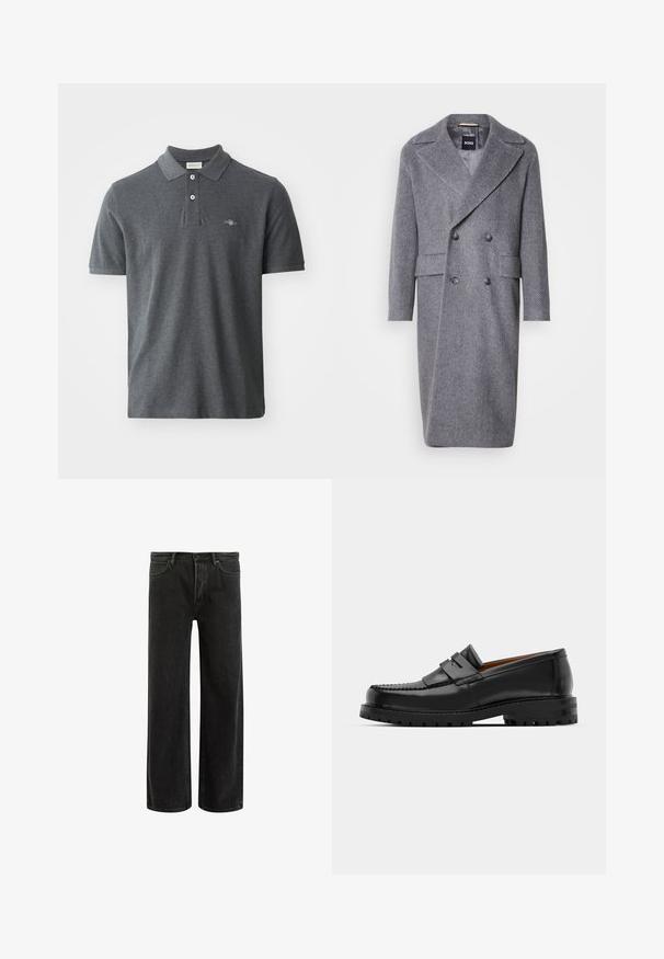Pelēka herringbone stila virsjakas ar lielu atloku, divrindas dizains un divi priekšējie kabatas. Izgatavota no teksturēta, siltā auduma.; Tumši pelēks kokvilnas polo krekls. Iezīmē klasisko apkakli, trīs pogu aizdari, īsās piedurknes un nelielu izšūtu logo krūtīs.; Melnas denima platleņķa džinsi ar augstu jostasvietu, izceļoties ar klasisko piecu kabatu dizainu un maigu izbalējumu, radot teksturētu izskatu.; Melni ādas loafers cepumi izceļas ar paceltu šuvu, divām dekoratīvām siksnām augšpusē un biezu teksturētu zoli labākai saķerei.