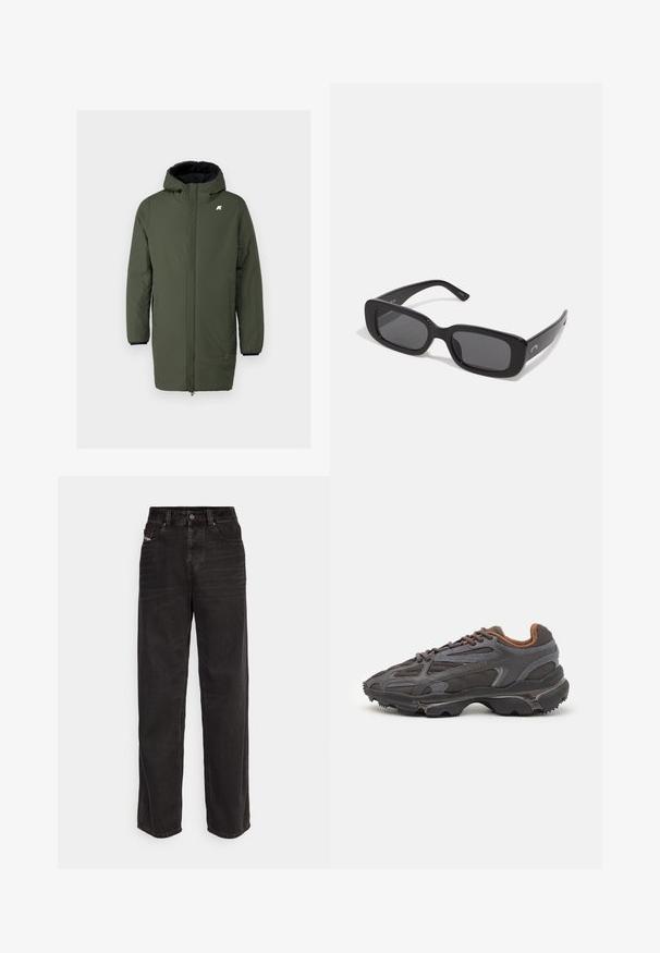 Cea mai verde haină izolată cu glugă, având un fermoar frontal complet, două buzunare laterale și manșete elastice pentru o potrivire sigură.; Tricou negru cu mânecă lungă, realizat din bumbac, cu un guler rotund și un mic logo brodat cu un crocodil verde pe partea stângă a pieptului.; Pantaloni evazați din denim negru, cu talie înaltă, închidere cu buton în față, două buzunare laterale și detalii subtile de cusătură.; Adidași Lacoste de culoare gri închis, din material mesh și sintetic, cu o talpă texturată și accente maronii pe guler și branding.; Ochelari de soare dreptunghiulari negri, cu lentile închise la culoare, rame din plastic neted și brațe late. Branding subtil pe lateral.