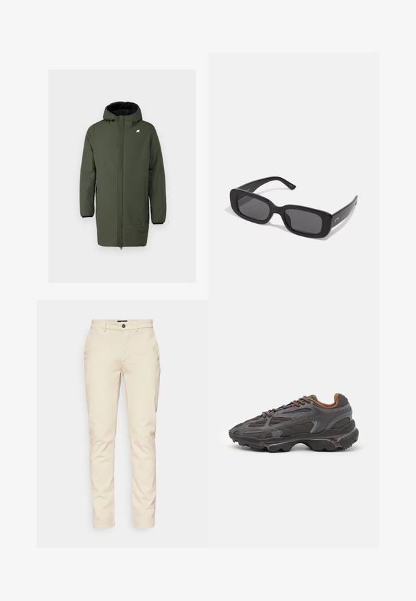 Olivgrüner isolierter Mantel mit Kapuze, ausgestattet mit einem vollen Frontreißverschluss, zwei seitlichen Taschen und elastischen Bündchen für einen sicheren Sitz.; Schwarzes Langarm-T-Shirt aus Baumwolle, mit Rundhalsausschnitt und einem kleinen grünen, gestickten Krokodil-Logo auf der linken Brust.; Beige Baumwollhose mit schmalem Schnitt, ausgestattet mit einem Standardbund, Fronttaschen und einem Knopfverschluss. Glatte Textur, minimalistisches Design.; Lacoste Sneaker in Dunkelgrau aus Mesh und Synthetikmaterial, mit einer strukturierten Sohle und braunen Akzenten am Kragen und Logo.; Schwarze rechteckige Sonnenbrille mit dunklen Gläsern, glatten Kunststoffrahmen und breiten Bügeln. Dezente Markenkennzeichnung an der Seite.