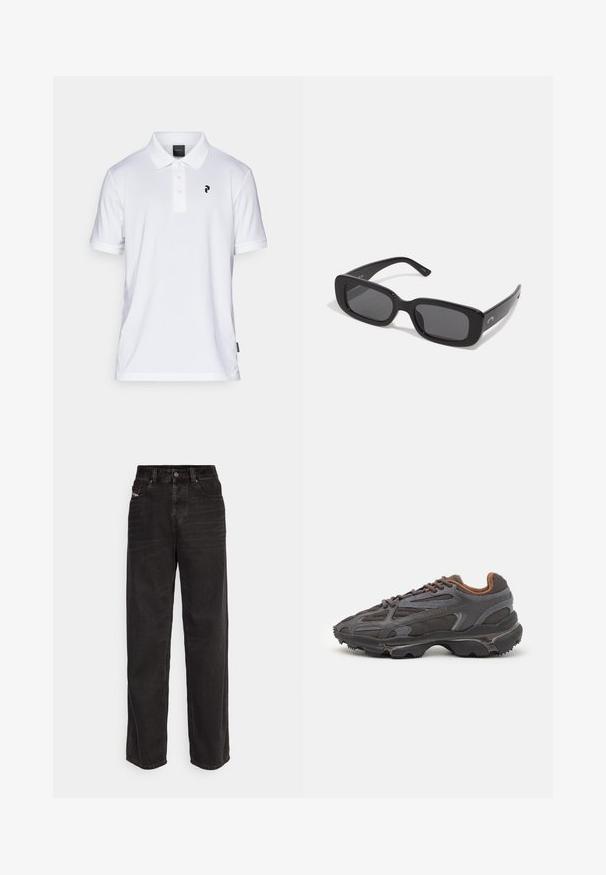 Oliven grøn isoleret jakke med hætte, med fuld frontlynlås, to sidelommer og elastiske manchetter for en sikker pasform.; Hvid polo t-shirt lavet af glat tekstil med en tre-knaps knaplukning og et lille sort logo på venstre bryst. Korte ærmer, klassisk pasform.; Sorte denim wide-leg bukser med høj talje, frontknaplukning, to sidelommer og subtile syninger.; Lacoste sneakers i mørkegrå med mesh og syntetisk materiale, udstyret med en tekstureret sål og brune accenter på kraven og brandingen.; Sorte rektangulære solbriller med mørke linser, glatte plastikrammer og brede arme. Diskret branding på siden.