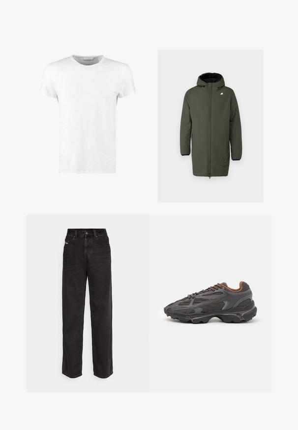 Olivgrüner isolierter Mantel mit Kapuze, ausgestattet mit einem vollen Frontreißverschluss, zwei seitlichen Taschen und elastischen Bündchen für einen sicheren Sitz.; Weißes Baumwoll-T-Shirt mit Rundhalsausschnitt und kurzen Ärmeln, das eine feine Textur und ein minimalistisches Design aufweist. Keine Muster oder Akzente.; Schwarze Jeans-Breitbeine mit hoher Taille, vorderem Knopfverschluss, zwei seitlichen Taschen und dezenten Steppdetails.; Lacoste Sneaker in Dunkelgrau aus Mesh und Synthetikmaterial, mit einer strukturierten Sohle und braunen Akzenten am Kragen und Logo.