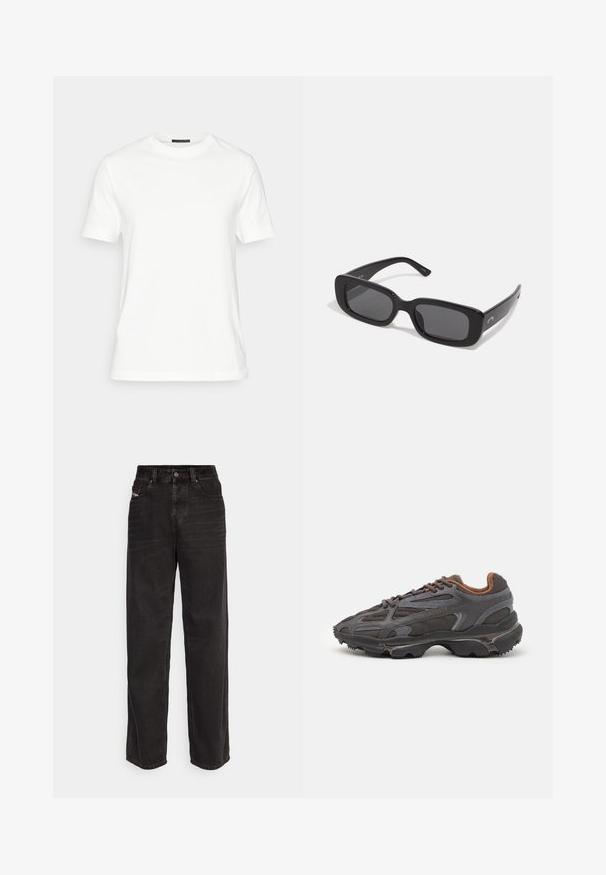 Cappotto isolato verde oliva con cappuccio, dotato di una cerniera anteriore completa, due tasche laterali e polsini elasticizzati per una vestibilità sicura.; T-shirt bianco in cotone con maniche corte, scollatura rotonda e una texture liscia. Presenta un design semplice senza motivi o dettagli.; Pantaloni wide-leg in denim nero con vita alta, chiusura con bottone frontale, due tasche laterali e dettagli di cucitura sottili.; Sneaker Lacoste grigie scure in materiale mesh e sintetico, con suola testurizzata e dettagli marroni sul colletto e sul branding.; Occhiali da sole neri rettangolari con lenti scure, montature in plastica liscia e aste larghe. Branding sottile sul lato.