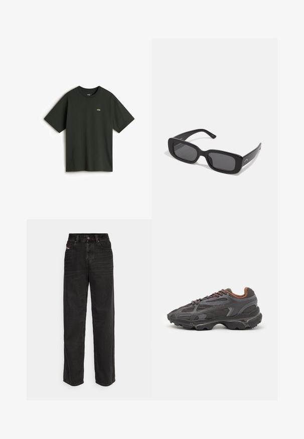 Olive green insulated coat with a hood, featuring a full front zipper, two side pockets, and elastic cuffs for secure fit.; Vans Basic T-shirt - dark green; Black denim wide-leg pants with a high waist, front button closure, two side pockets, and subtle stitching details.; Lacoste sneakers in dark gray with mesh and synthetic material, featuring a textured sole and brown accents on the collar and branding.; Black rectangular sunglasses with dark lenses, smooth plastic frames, and wide arms. Subtle branding on the side.