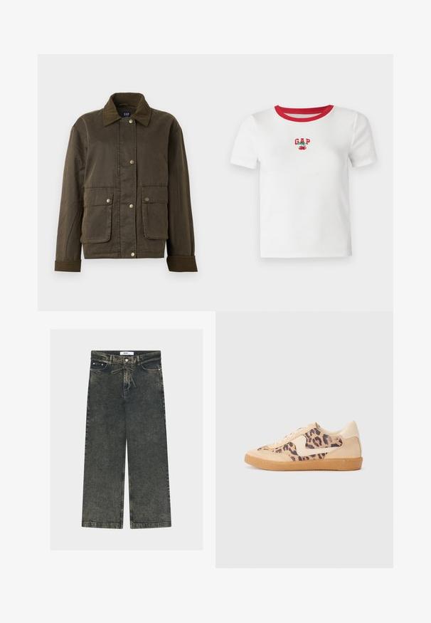 Veste vert olive foncé avec un col et des poignets en velours côtelé, boutons-pression à l'avant et deux grandes poches à rabat.; T-shirt blanc à manches courtes avec un col en ribet rouge, arborant un texte "GAP" brodé et un motif de cerise sur le devant. Fabriqué en tissu à ribs.; Jeans à jambes larges en denim gris foncé avec une finition texturée, dotés d'une fermeture à bouton, de passants de ceinture et de poches avant.; Baskets en imprimé léopard avec tige en suède beige, semelle en caoutchouc tan et accents blancs. Bout rond et design à lacets avec une finition texturée.